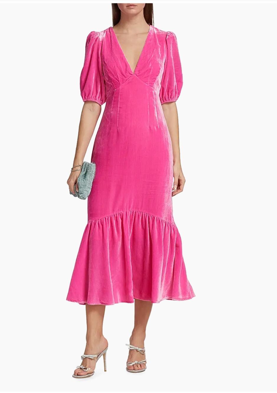 RHODE Ester Gathered Velvet Midi Dress Hot Pink Empire Puff Sleeve Size 6 V-Neck